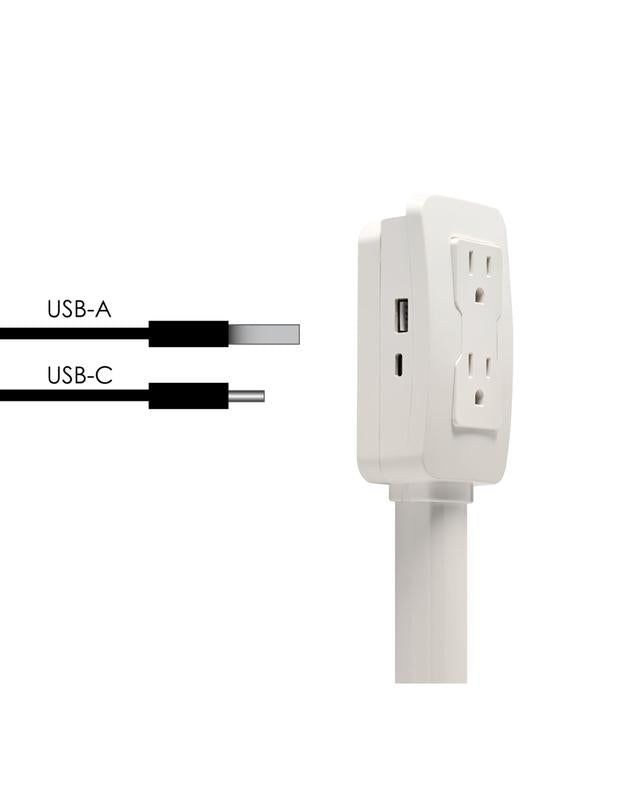 EZ Outlet Electrical Outlet Extender with USB-A USB-C & 2 AC Outlets Extendable 22-34" Rotatable 180°