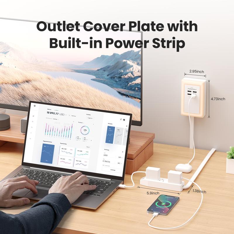 Flat Plug Power Extender For Outlet with 3 USB-A 1 USB-C & 3 AC Outlets