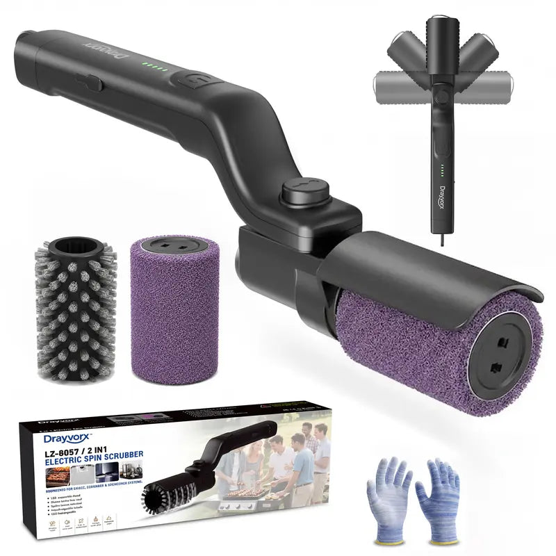 Drayvorx 2-in-1 Cordless Electric Grill Brush & Spin Scrubber - Barbecue Utensils with Stainless Steel Wire