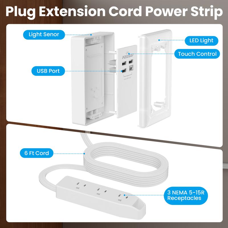 Flat Plug Power Extender For Outlet with 3 USB-A 1 USB-C & 3 AC Outlets