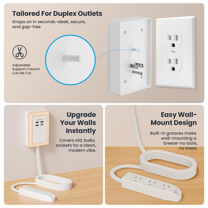Flat Plug Power Extender For Outlet with 3 USB-A 1 USB-C & 3 AC Outlets
