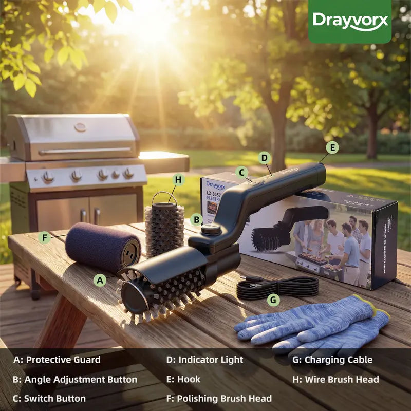 Drayvorx 2-in-1 Cordless Electric Grill Brush & Spin Scrubber - Barbecue Utensils with Stainless Steel Wire