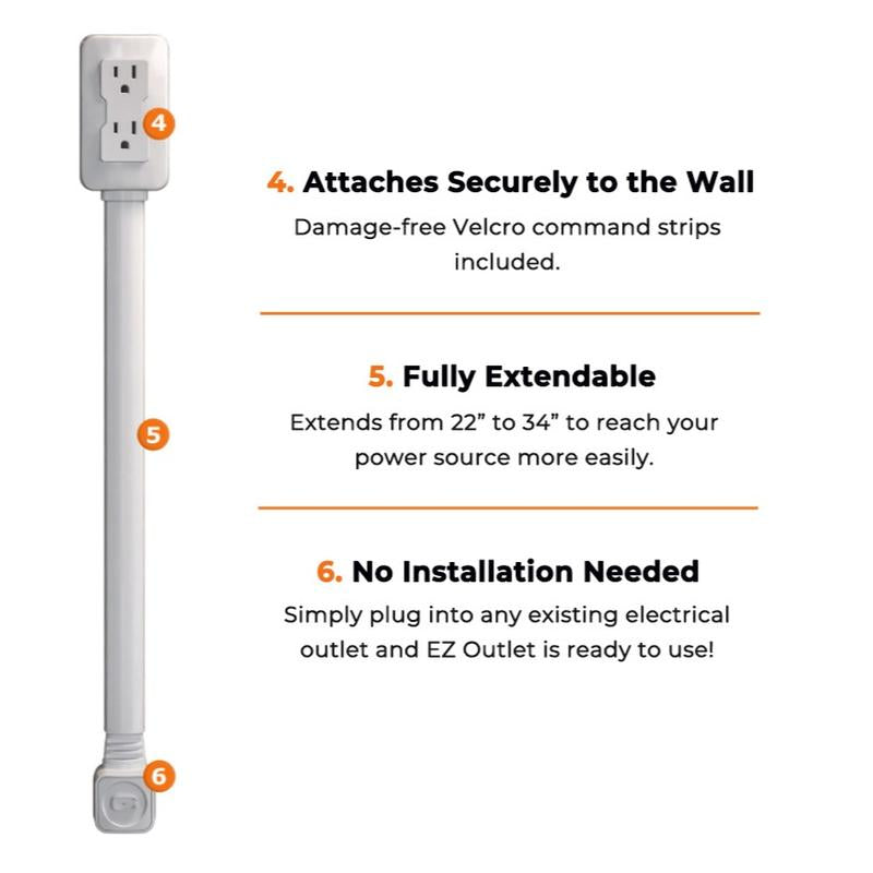 EZ Outlet Electrical Outlet Extender with USB-A USB-C & 2 AC Outlets Extendable 22-34" Rotatable 180°