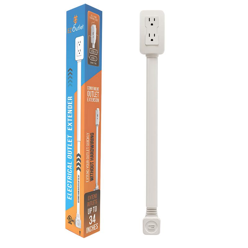 EZ Outlet Electrical Outlet Extender with USB-A USB-C & 2 AC Outlets Extendable 22-34" Rotatable 180°