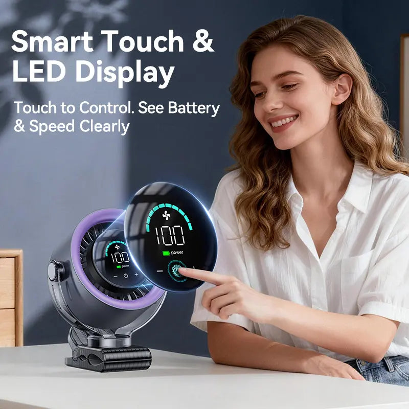 4000mAh Rechargeable Portable Clip on Fan-100-Speed Touch Control, LED Display, 360° Rotate Quiet Turbo Desk Fan