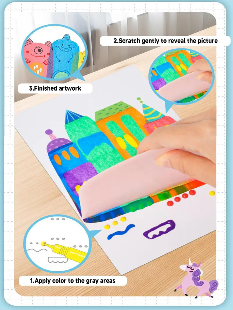 Rainbow Squeeze Art Kit - Creative Scratch & Color Art Set for Kids with 20 Drawing Papers 7 Acrylic Paints 6 Watercolor Pens 1 Sticker Sheet & Squeegee Board