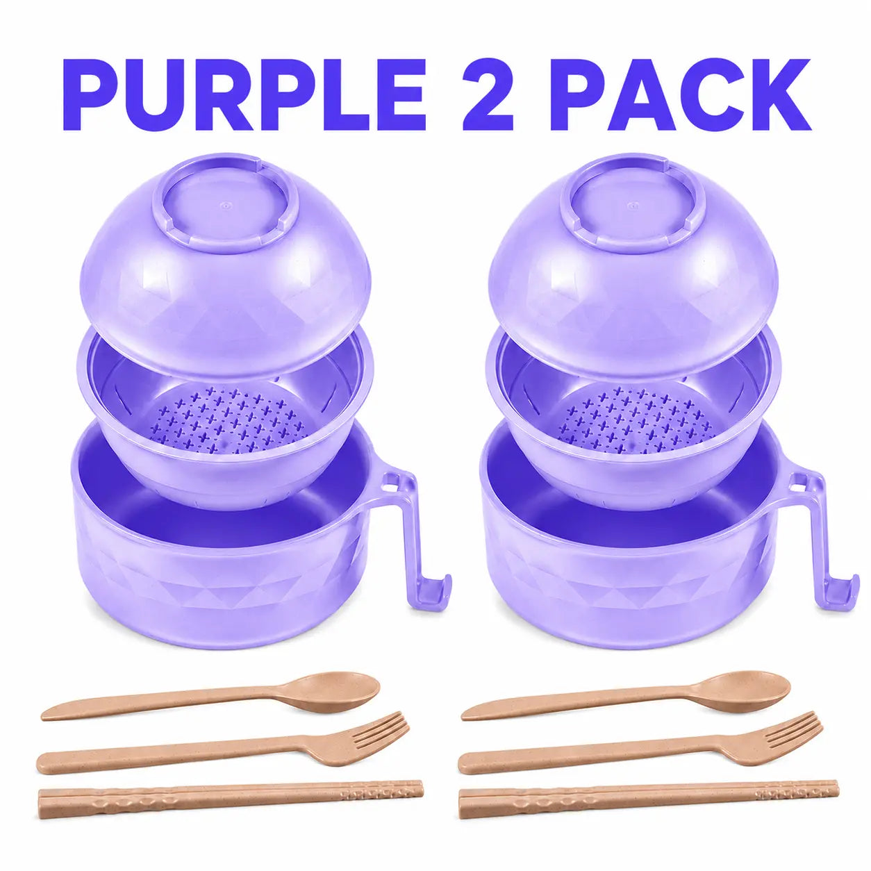 (2 Pack) Microwave Ramen Bowl Set with Handle, Spoon, Fork, Chopsticks