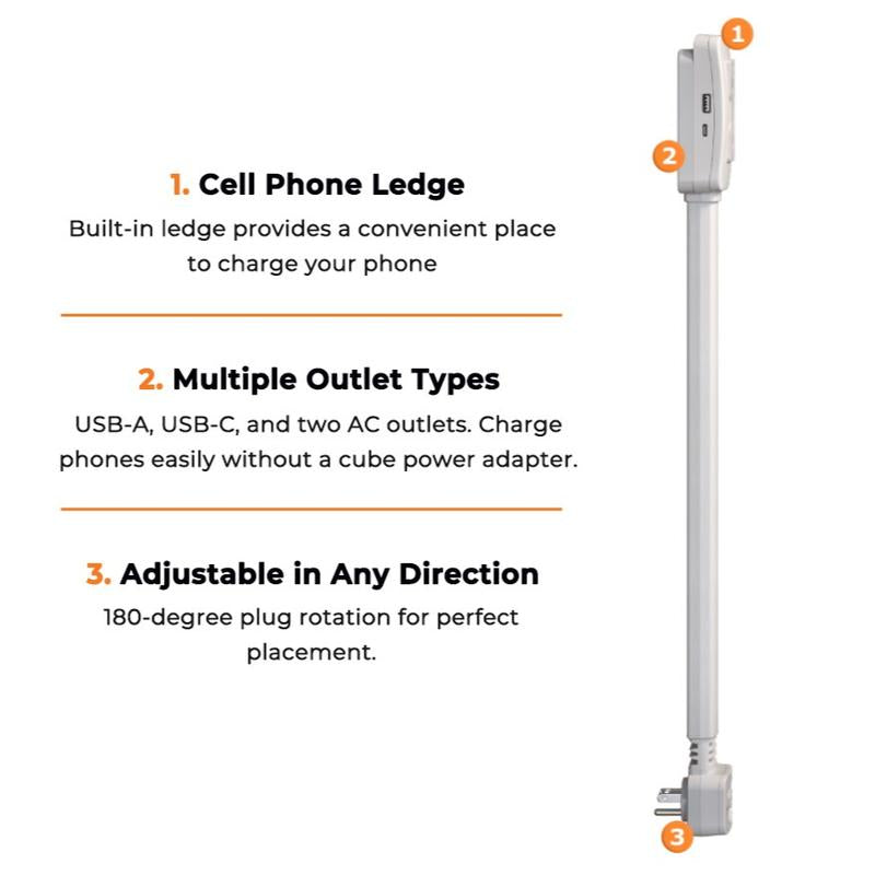EZ Outlet Electrical Outlet Extender with USB-A USB-C & 2 AC Outlets Extendable 22-34" Rotatable 180°