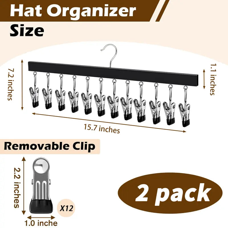 2 Pack Wooden Hat Organizer with 12 Stainless Steel Clips