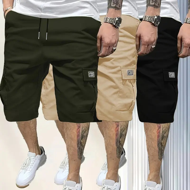 3 Piece Men's Shorts Set Brown Black & Green Slanted Pockets