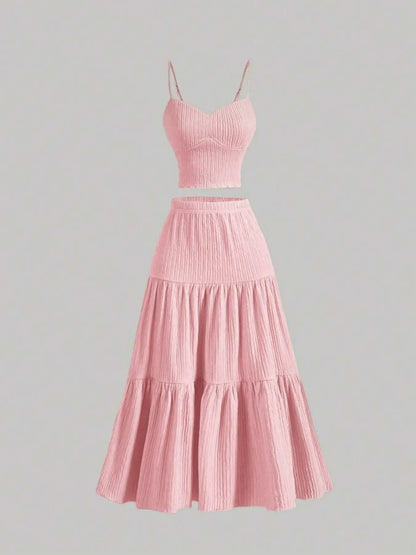 Solid Woven Crop Cami Top & A-line Skirt Two-piece Set