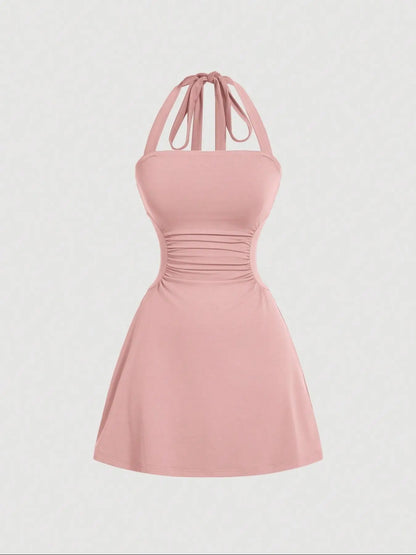 Plain Ruched Tie Back Halter Neck Dress