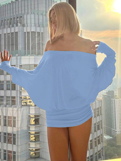 Women's Sheer Ruched Casual Party Dress, Off-The-Shoulder Long Sleeve Fit Women's Mini Dress
