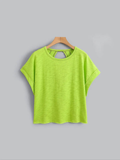 Women's Plain Cut Out Asymmetrical Hem Batwing Sleeve Tee