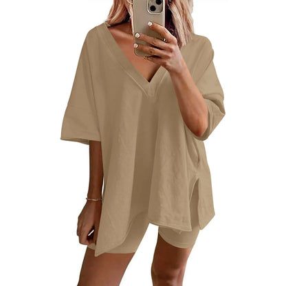 V-neck comfort Two-Piece Pajama Set For Women Summer Casual Split Hem Shirts & Biker Shorts