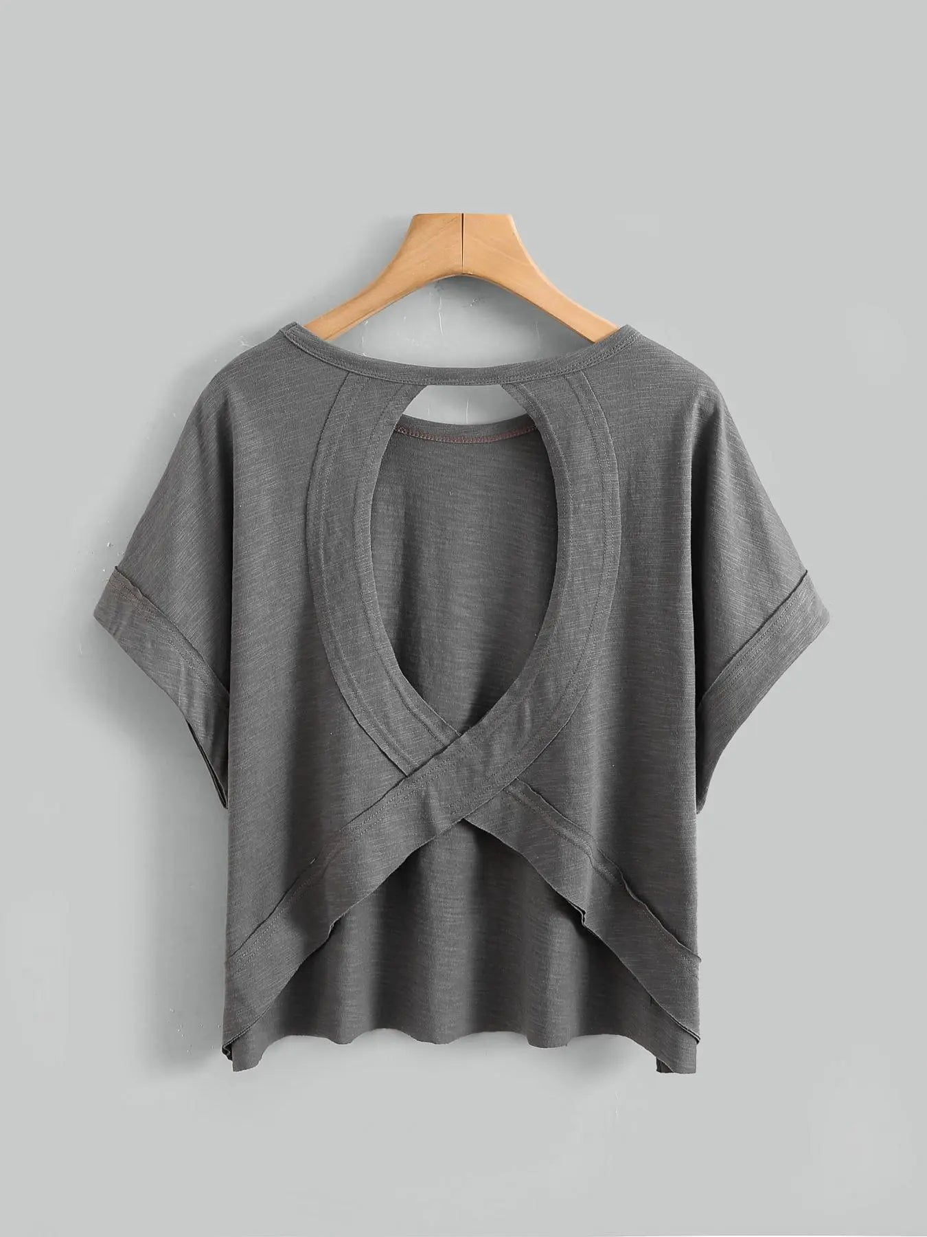 Women's Plain Cut Out Asymmetrical Hem Batwing Sleeve Tee
