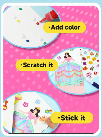 Rainbow Squeeze Art Kit - Creative Scratch & Color Art Set for Kids with 20 Drawing Papers 7 Acrylic Paints 6 Watercolor Pens 1 Sticker Sheet & Squeegee Board