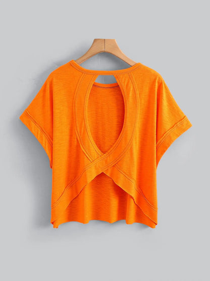 Women's Plain Cut Out Asymmetrical Hem Batwing Sleeve Tee