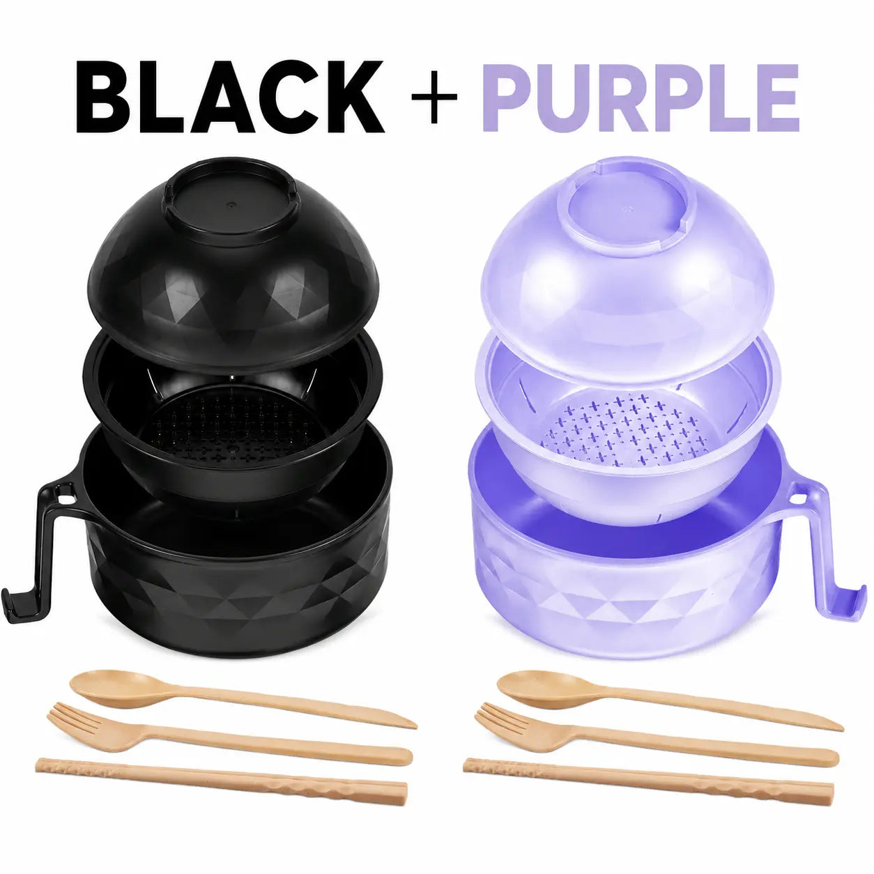 (2 Pack) Microwave Ramen Bowl Set with Handle, Spoon, Fork, Chopsticks
