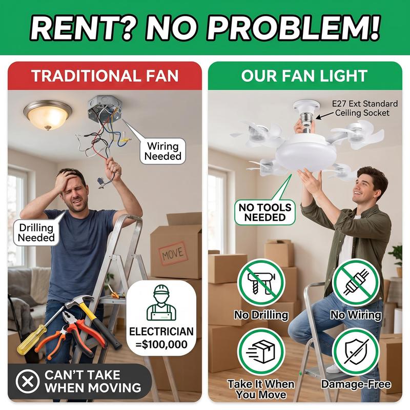 New E27 Socket Ceiling Fan Light - 2-in-1 Silent LED Fan