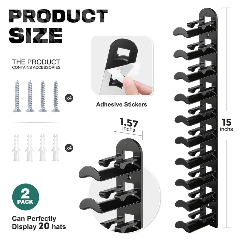 Hat Hook for Wall 2 Pack Hat Organizer Holds Up to 20 Hats with Strong Adhesive and 8 Screws