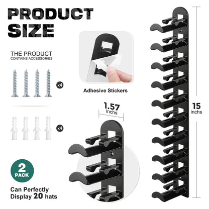 Hat Hook for Wall 2 Pack Hat Organizer Holds Up to 20 Hats with Strong Adhesive and 8 Screws