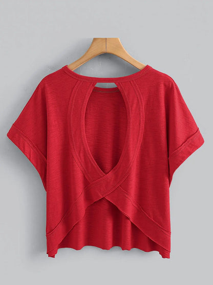 Women's Plain Cut Out Asymmetrical Hem Batwing Sleeve Tee