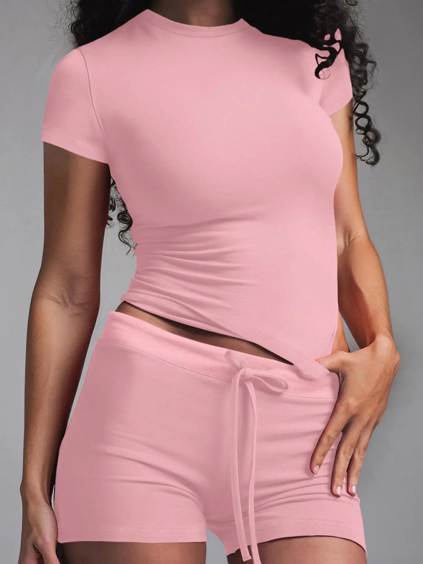 Women's Solid Color Modal Loungewear Two-Piece Set, Casual Comfy Short Sleeve Round Neck Tee