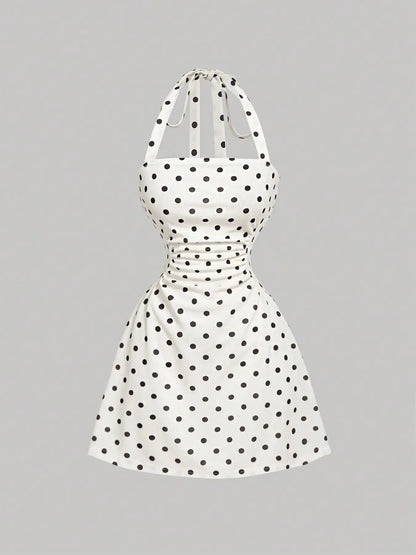 Plain Ruched Tie Back Halter Neck Dress