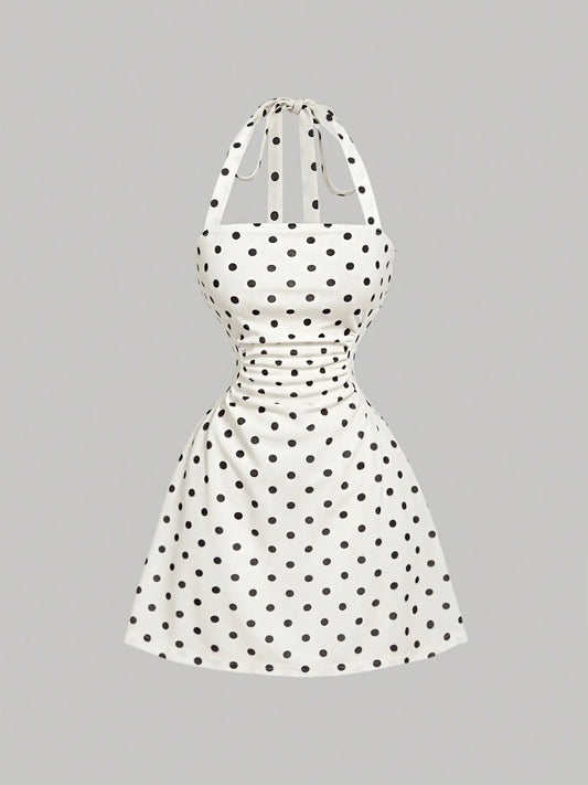 Plain Ruched Tie Back Halter Neck Dress