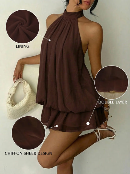 Women's Summer Fashion Party Halter Neck Tie Back Mini Dress