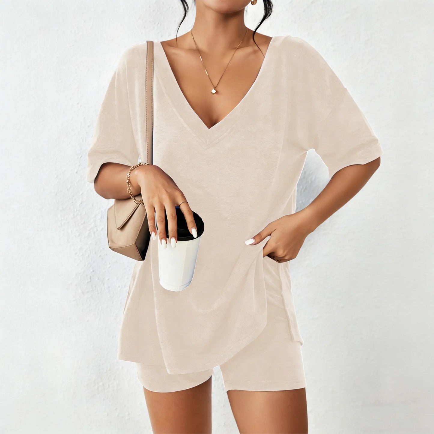 V-neck comfort Two-Piece Pajama Set For Women Summer Casual Split Hem Shirts & Biker Shorts