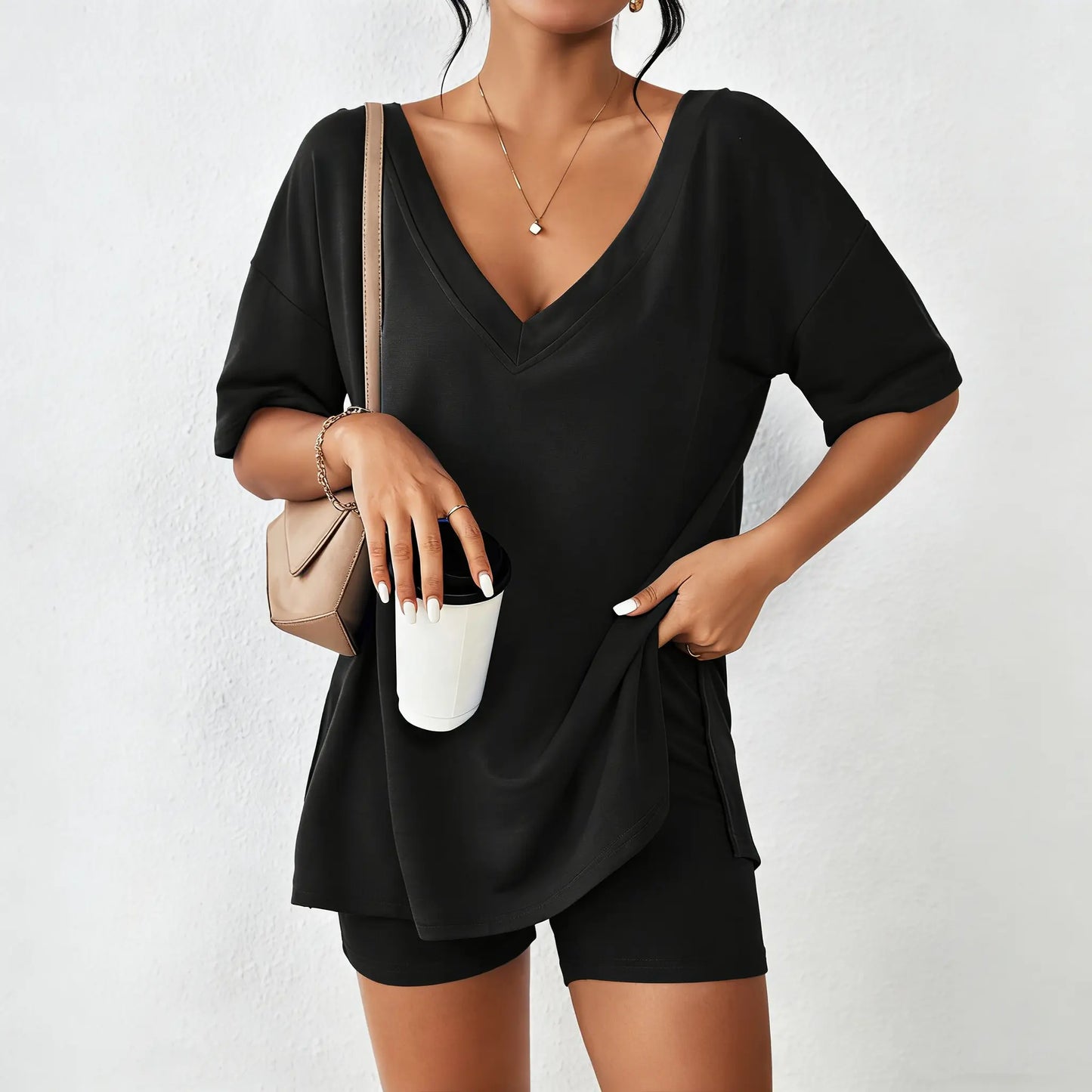 V-neck comfort Two-Piece Pajama Set For Women Summer Casual Split Hem Shirts & Biker Shorts
