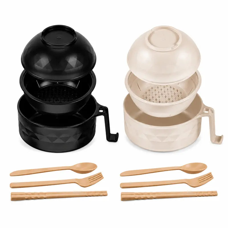 (2 Pack) Microwave Ramen Bowl Set with Handle, Spoon, Fork, Chopsticks