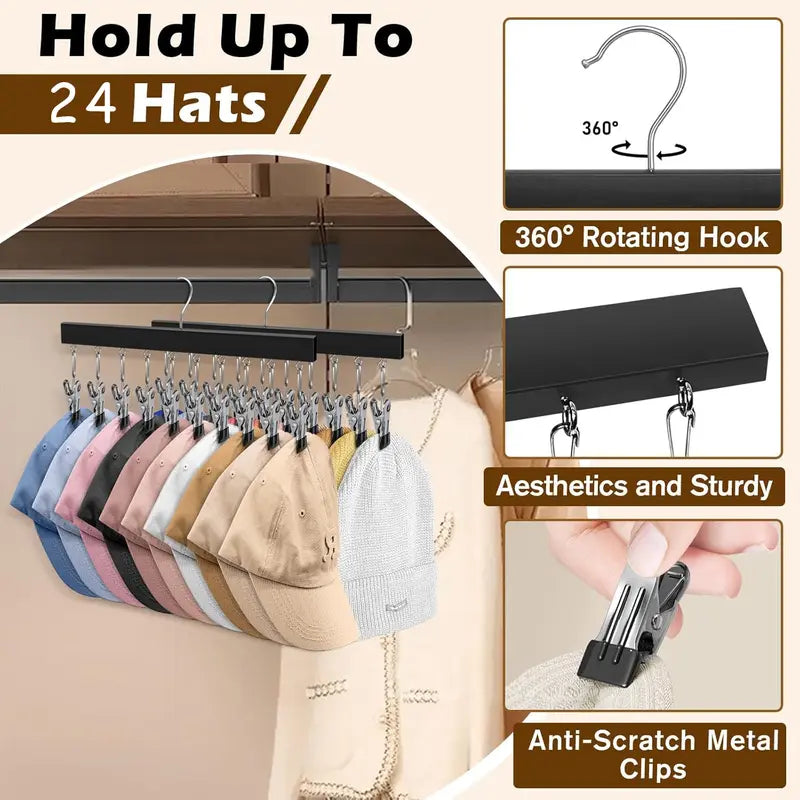2 Pack Wooden Hat Organizer with 12 Stainless Steel Clips