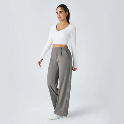 Flex High Waisted Plicated Side Pocket Straight Leg Work Pants