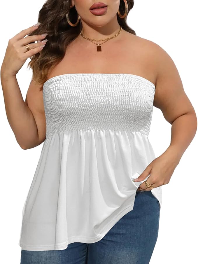 Plus Size Solid Ruffle Hem Shirred Fitted Tube Top, Boho Fashion Chic Elegant Style Tops [2 Pack]