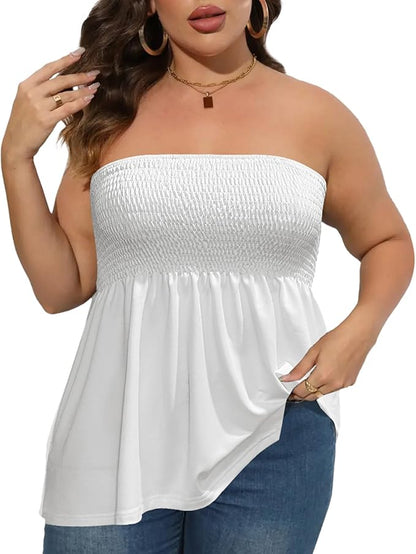 Plus Size Solid Ruffle Hem Shirred Fitted Tube Top, Boho Fashion Chic Elegant Style Tops [2 Pack]