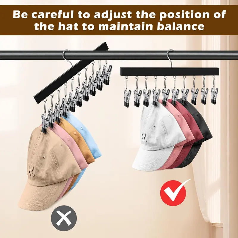 2 Pack Wooden Hat Organizer with 12 Stainless Steel Clips