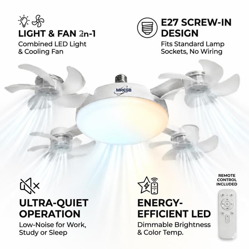 New E27 Socket Ceiling Fan Light - 2-in-1 Silent LED Fan