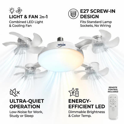 New E27 Socket Ceiling Fan Light - 2-in-1 Silent LED Fan