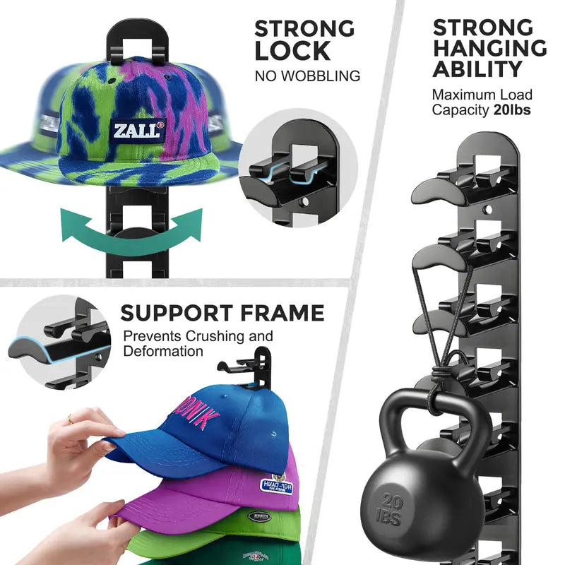 Hat Hook for Wall 2 Pack Hat Organizer Holds Up to 20 Hats with Strong Adhesive and 8 Screws