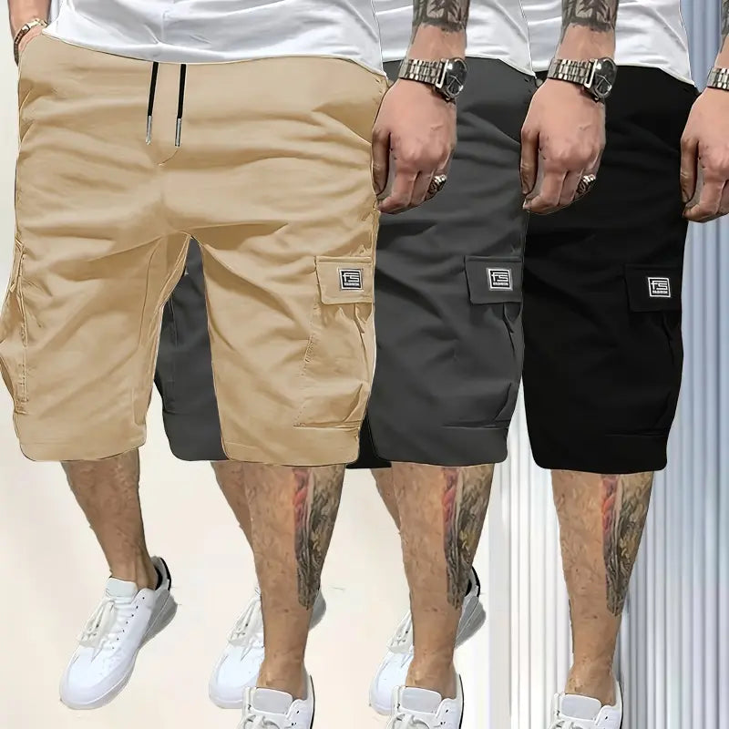 3 Piece Men's Shorts Set Brown Black & Green Slanted Pockets
