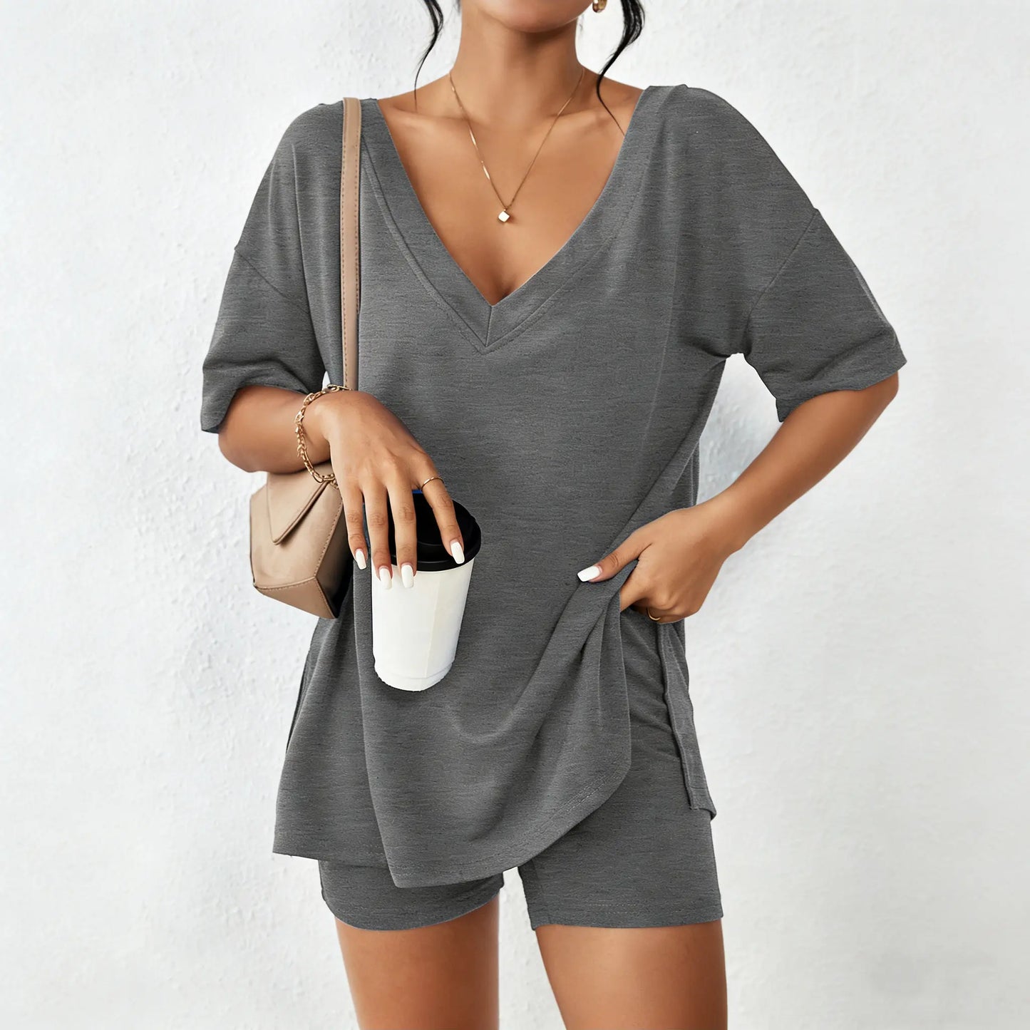 V-neck comfort Two-Piece Pajama Set For Women Summer Casual Split Hem Shirts & Biker Shorts