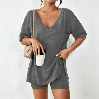 V-neck comfort Two-Piece Pajama Set For Women Summer Casual Split Hem Shirts & Biker Shorts