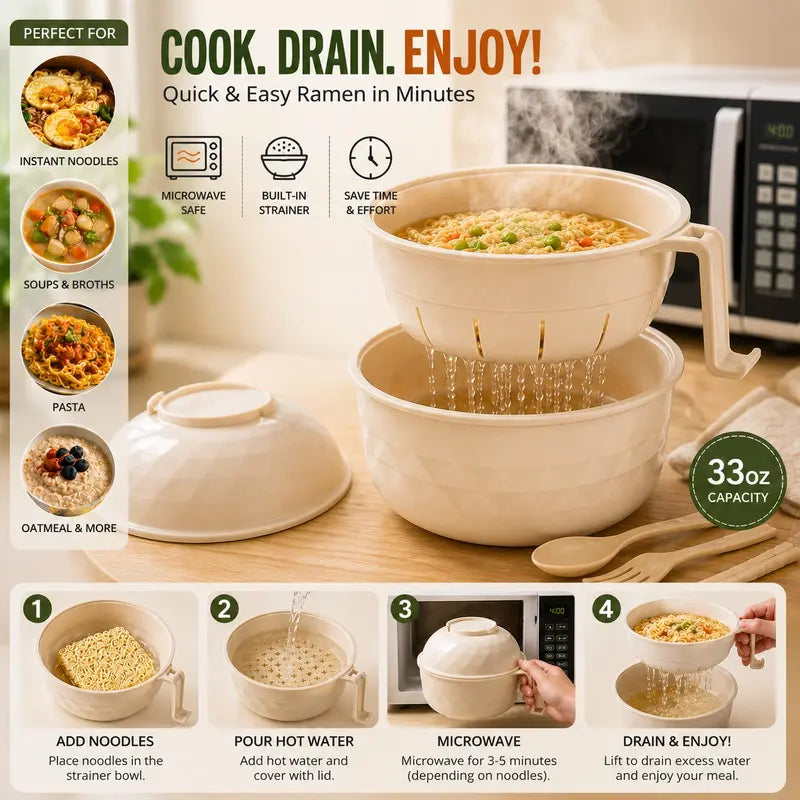 (2 Pack) Microwave Ramen Bowl Set with Handle, Spoon, Fork, Chopsticks
