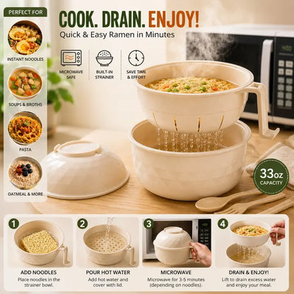 (2 Pack) Microwave Ramen Bowl Set with Handle, Spoon, Fork, Chopsticks