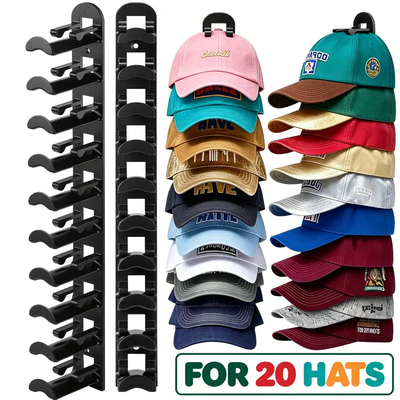 Hat Hook for Wall 2 Pack Hat Organizer Holds Up to 20 Hats with Strong Adhesive and 8 Screws