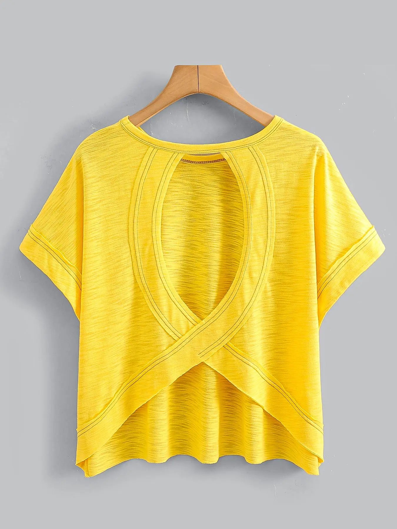 Women's Plain Cut Out Asymmetrical Hem Batwing Sleeve Tee