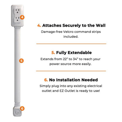EZ Outlet Electrical Outlet Extender with USB-A USB-C & 2 AC Outlets Extendable 22-34" Rotatable 180°